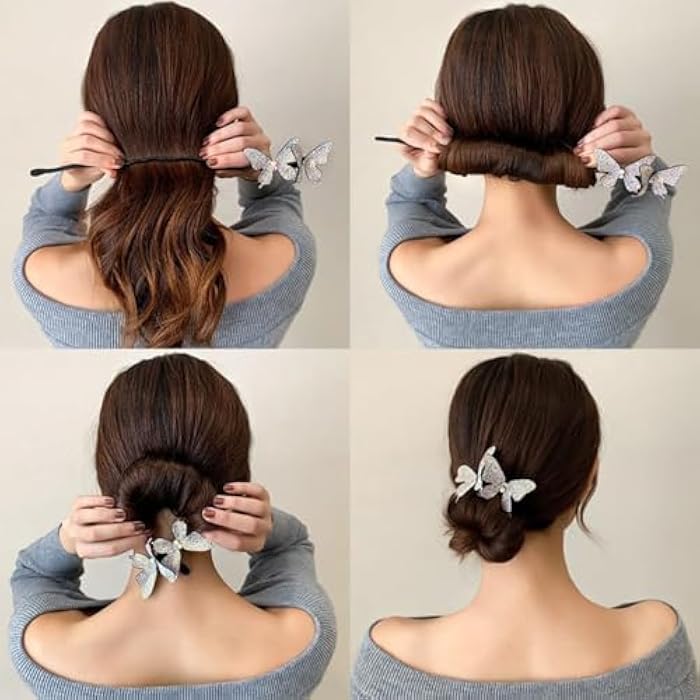 FASHION MANIA 2Pcs Rhinestone Hair Bun maker Butterfly Deft Easy Bun Twister Elegant Hair Curler(Black+Silver) - Image 4